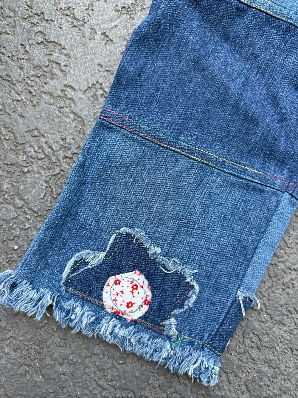 Vintage Kids Blue Patchwork Denim Pants with Floral Appliqué